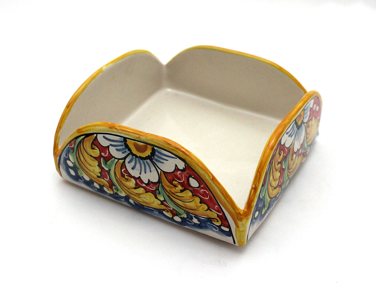 Square ceramic napkin holder hand decorated by Sicilian ceramists red flower art 9