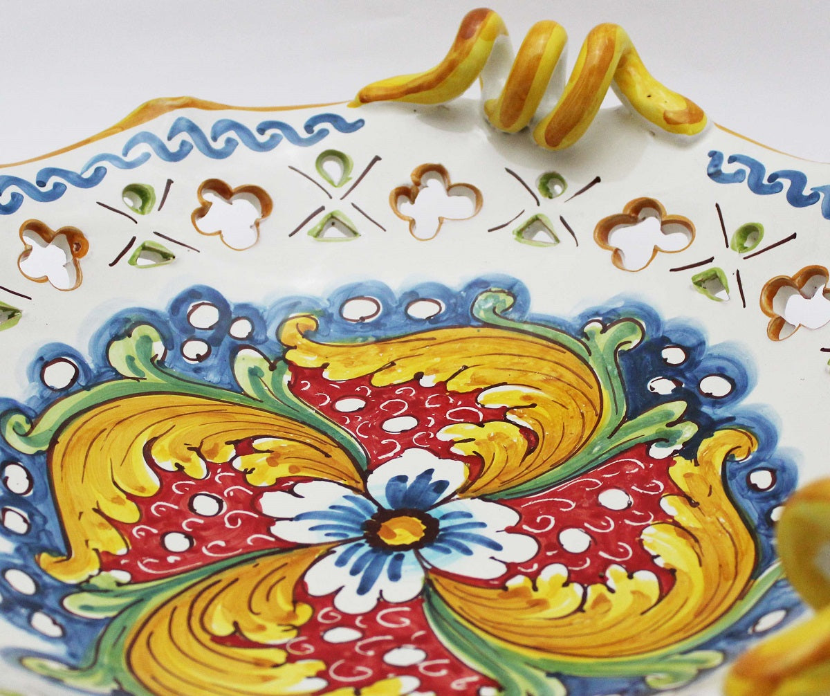 Centrotavola grande in ceramica decorata a mano da ceramisti siciliani fiore rosso art 6