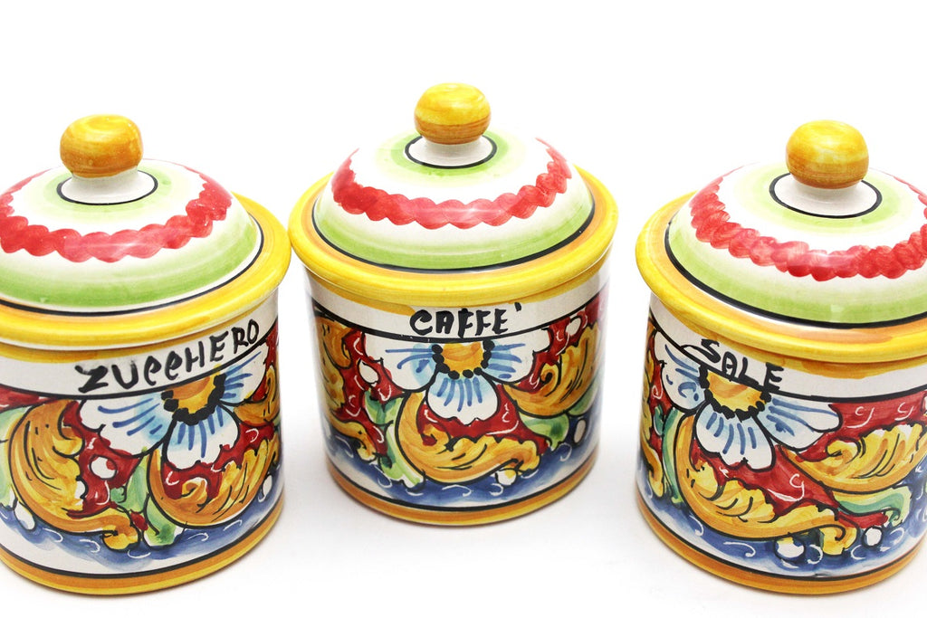 Tris 3 barattoli sale zucchero e caffè in ceramica decorata a mano da ceramisti siciliani fiore rosso art 8