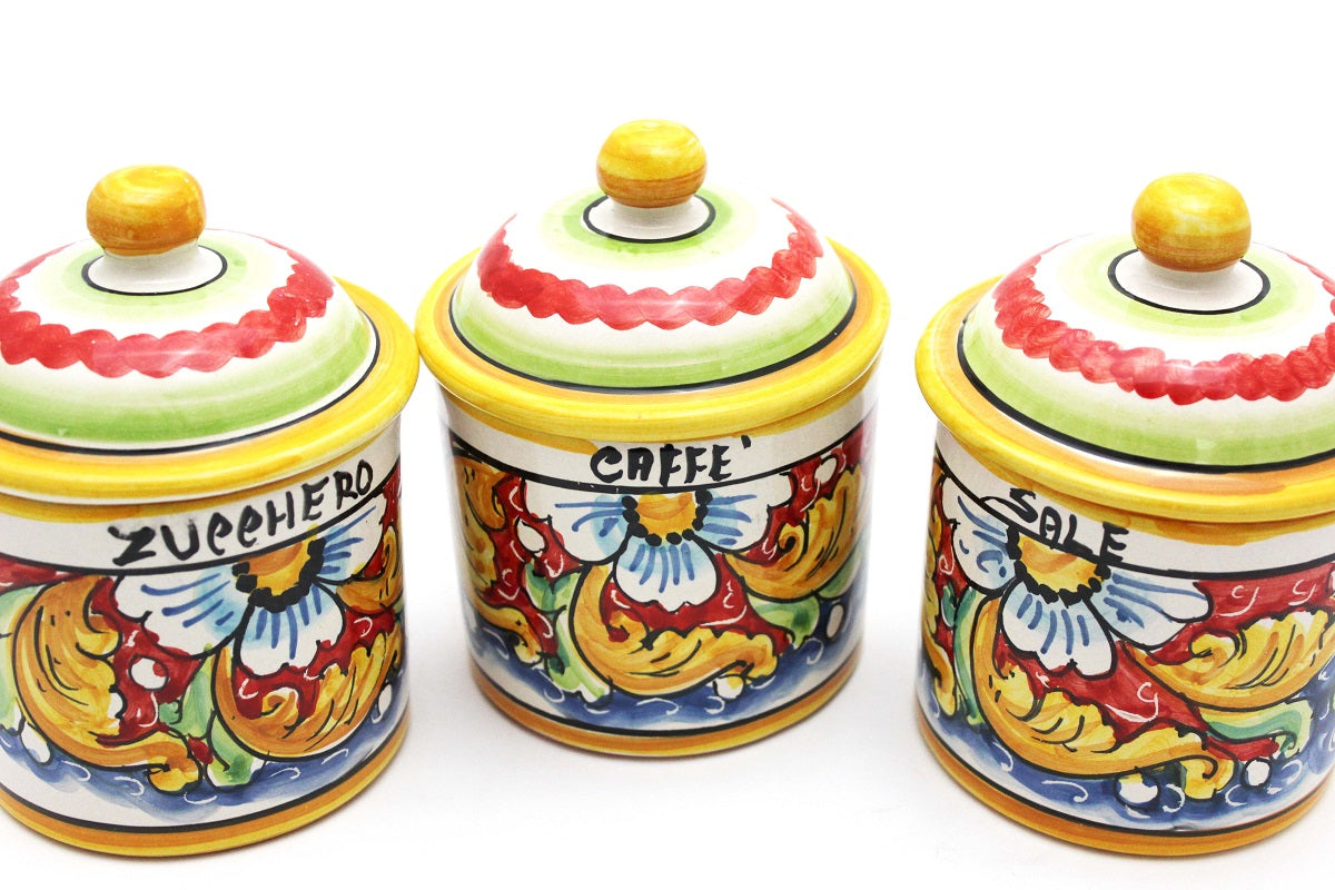 Tris 3 barattoli sale zucchero e caffè in ceramica decorata a mano da ceramisti siciliani fiore rosso art 8