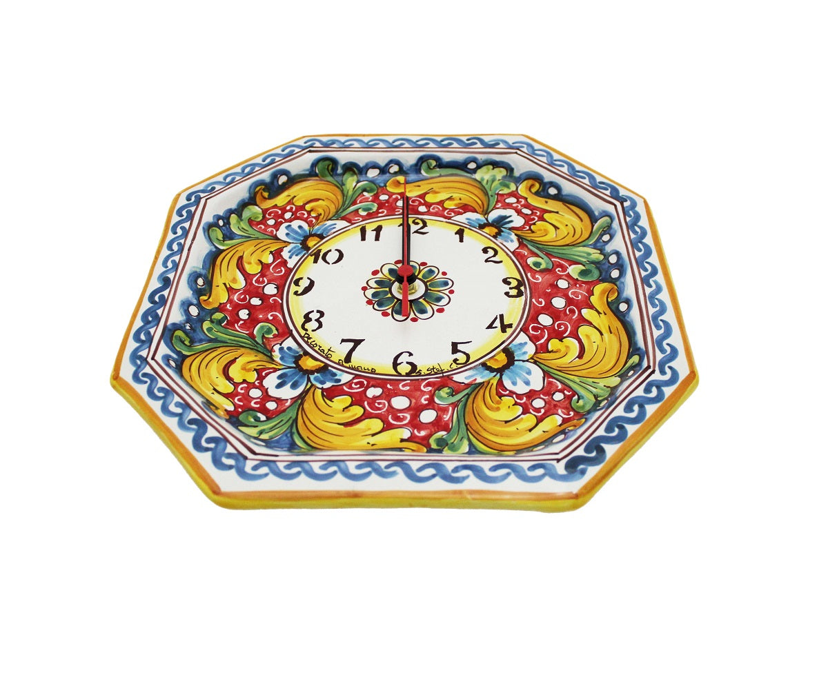 Orologio da parete in ceramica decorata a mano da ceramisti siciliani fiore rosso art 24