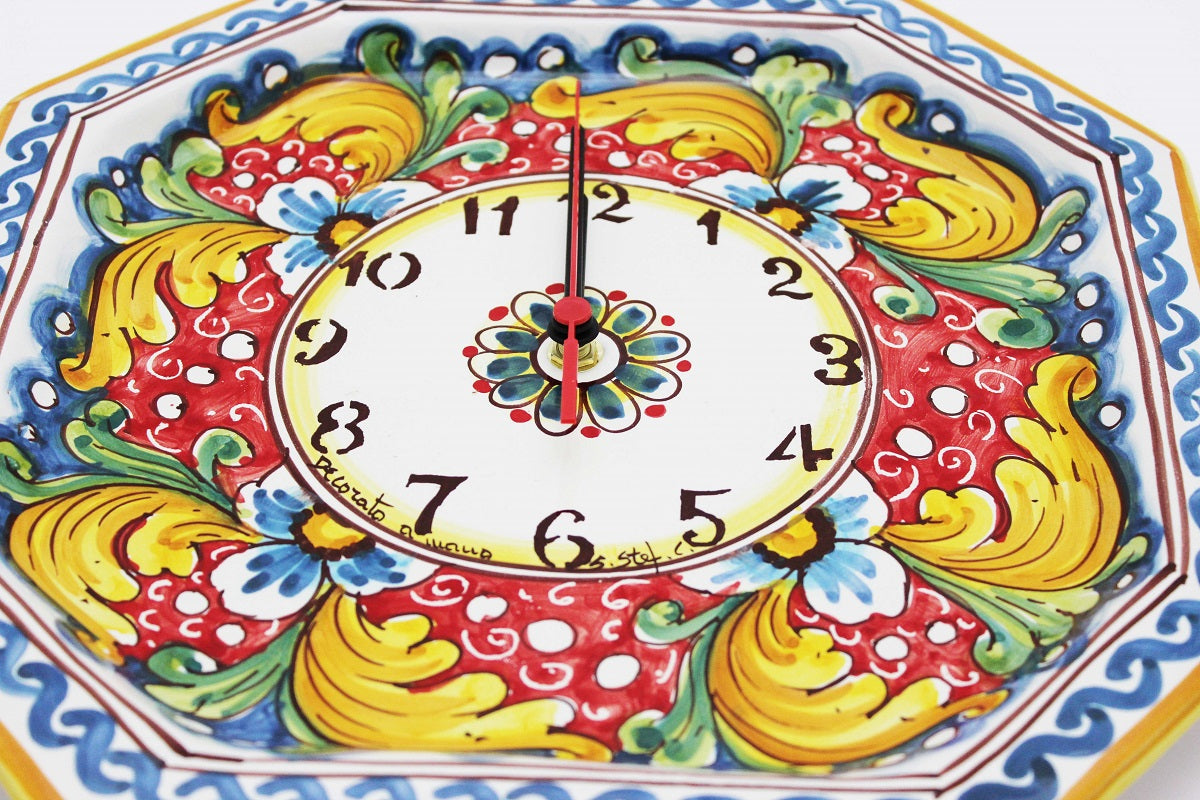 Orologio da parete in ceramica decorata a mano da ceramisti siciliani fiore rosso art 24