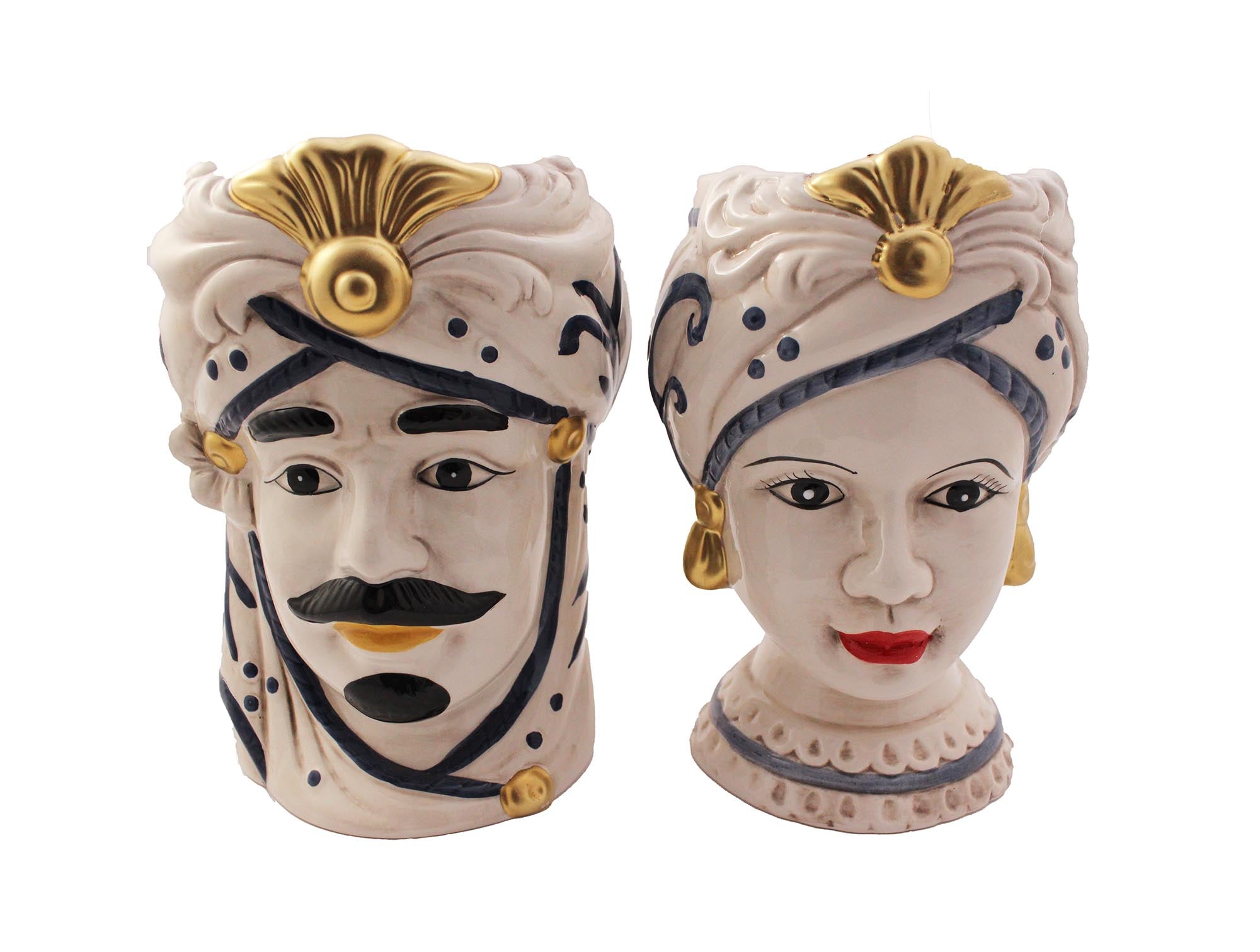 Pair of Sicilian ceramic Moor's heads blue and gold modern gic h25cm