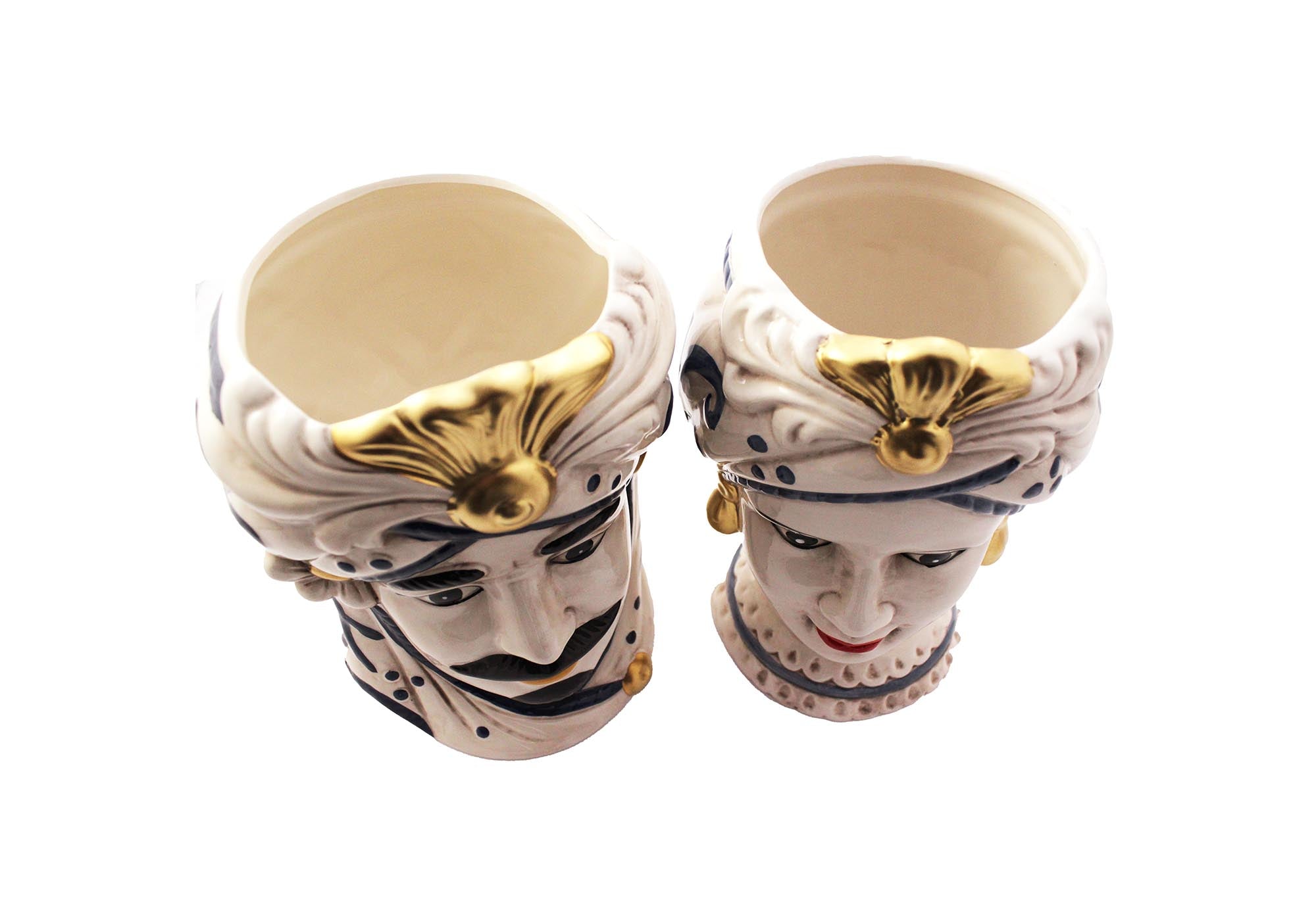 Pair of Sicilian ceramic Moor's heads blue and gold modern gic h25cm