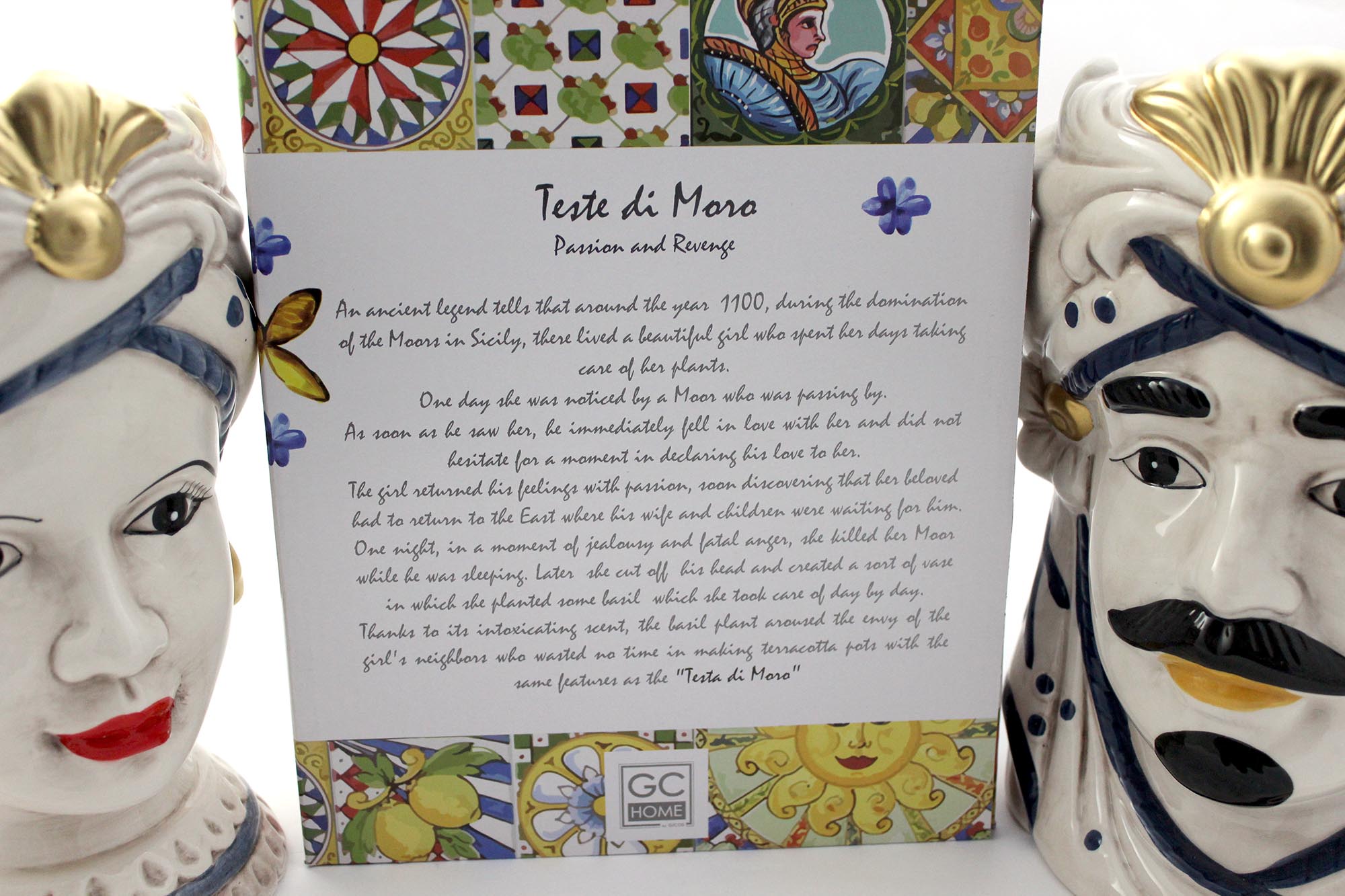 Pair of Sicilian ceramic Moor's heads blue and gold modern gic h25cm