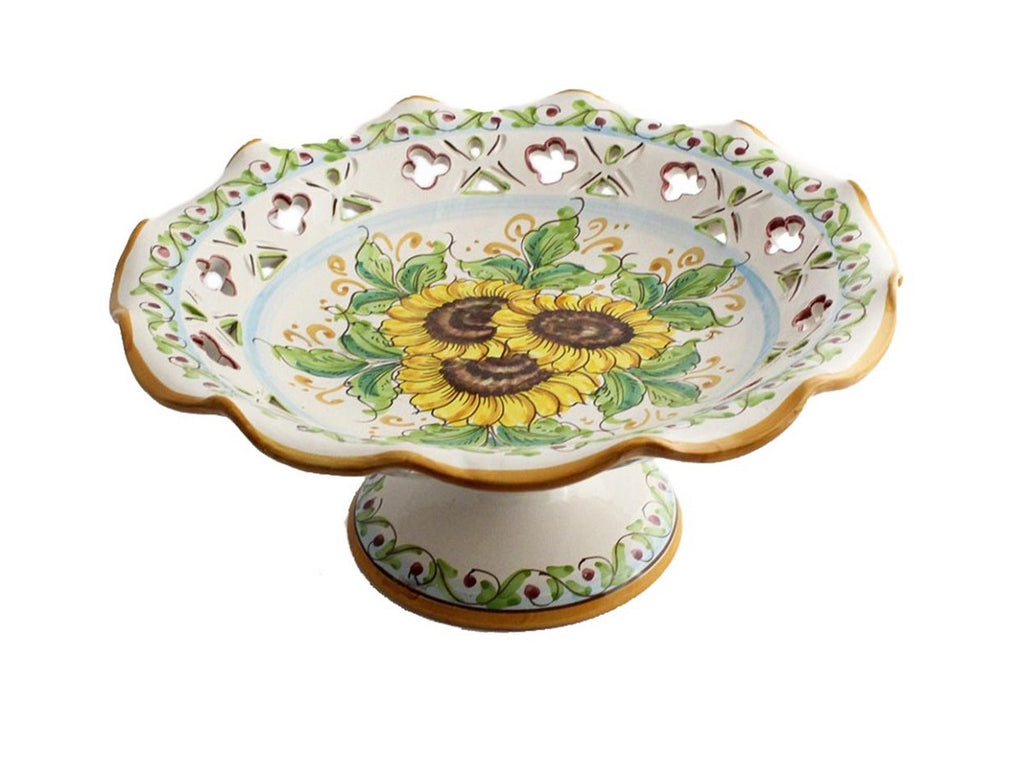 Centrotavola alzata grande in ceramica decorata a mano da ceramisti siciliani girasole art 3