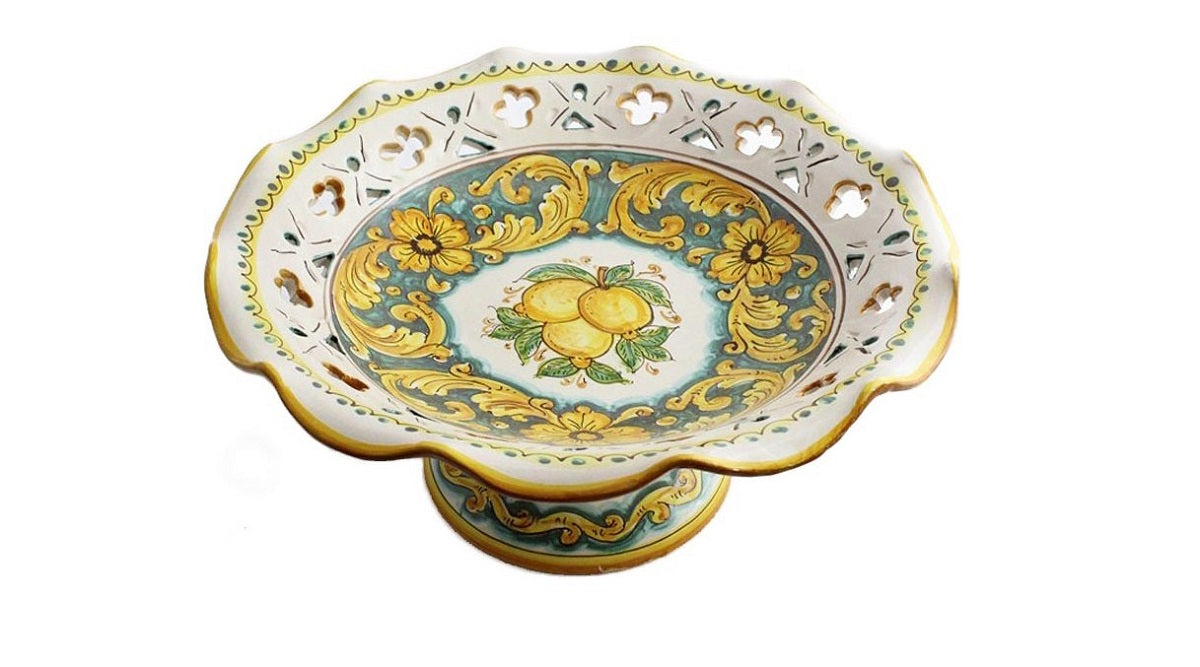 Centrotavola alzata grande in ceramica decorata a mano da ceramisti siciliani limoni art 3
