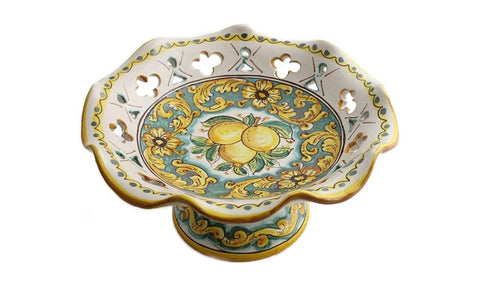 Centrotavola alzata media in ceramica decorata a mano da ceramisti siciliani limoni art 4