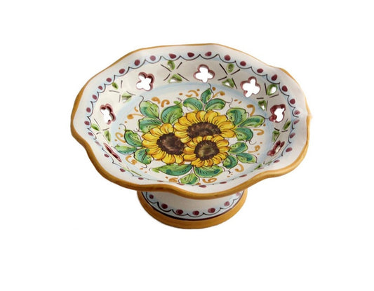 Centrotavola alzata piccola in ceramica decorata a mano da ceramisti siciliani girasole art 5