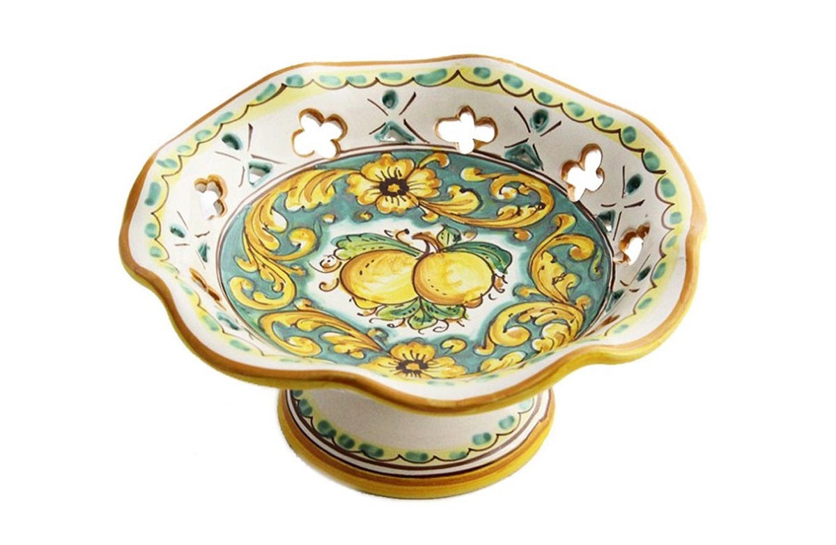 Centrotavola alzata piccola in ceramica decorata a mano da ceramisti siciliani limoni art 5