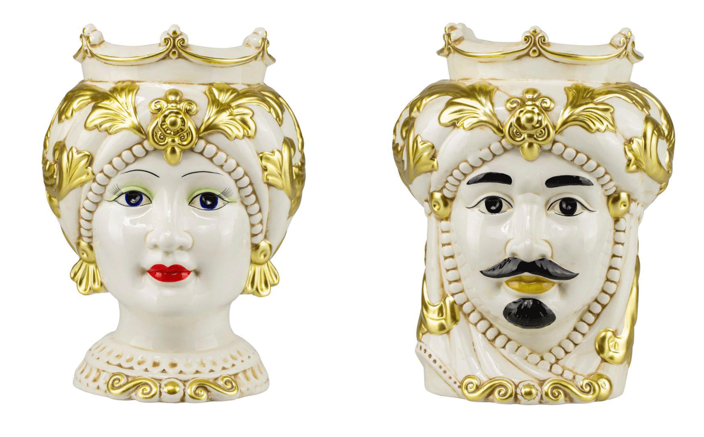 Coppia teste di moro in ceramica siciliana harmony oro classico h32cm