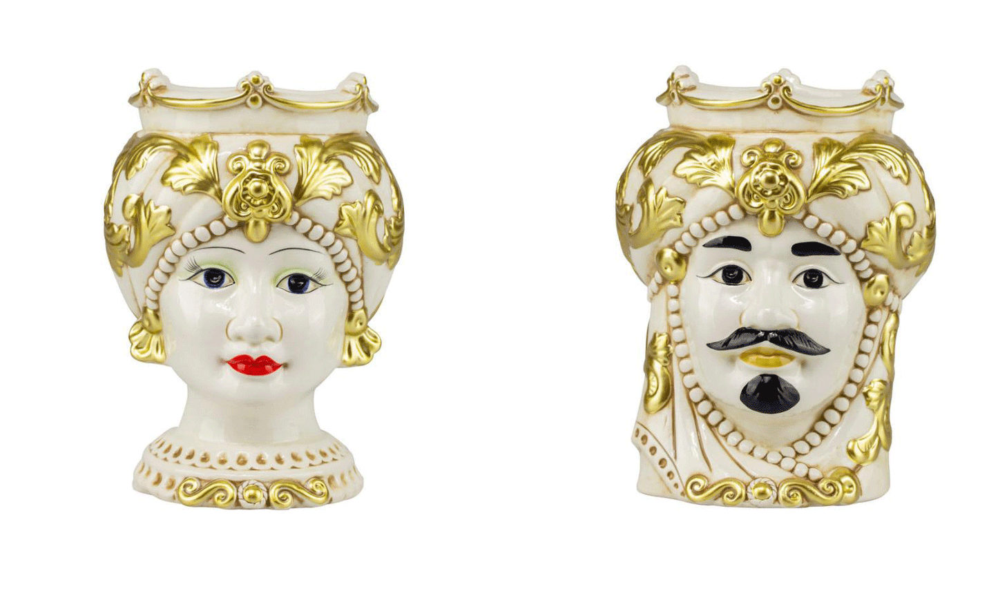Coppia teste di moro in ceramica siciliana harmony oro classico h25cm