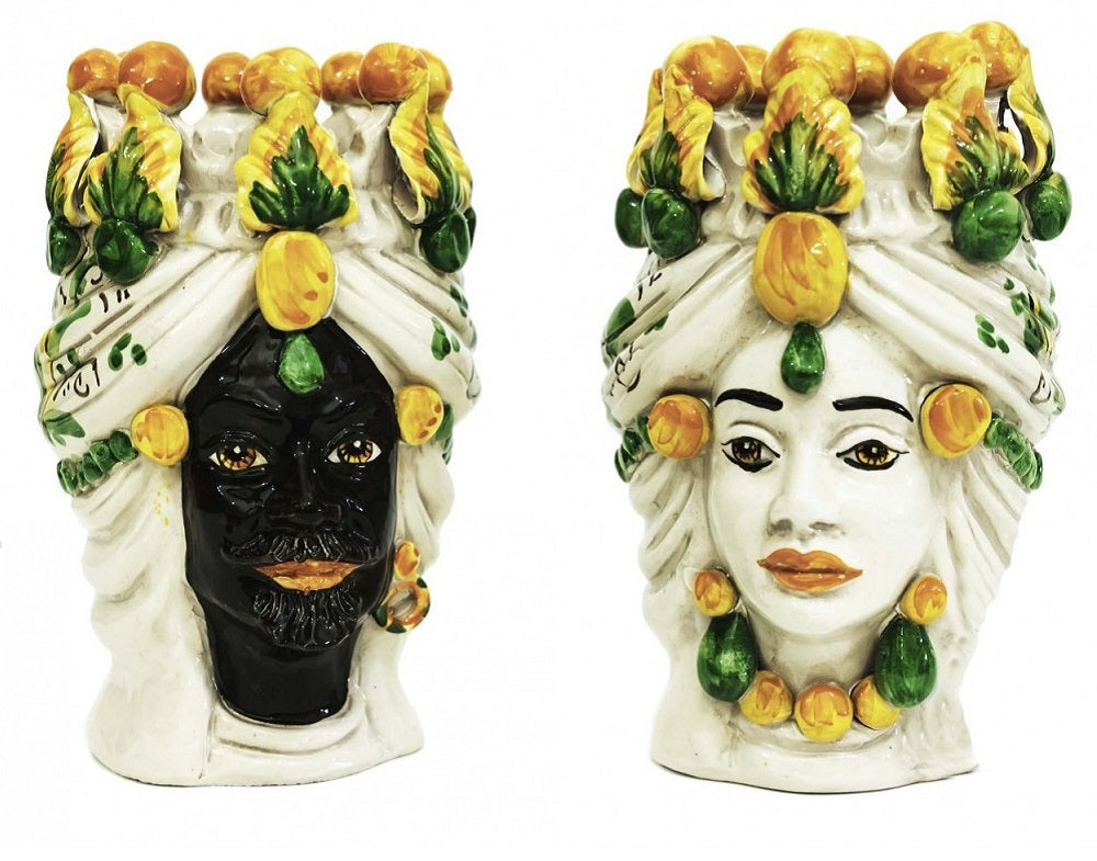 Coppia teste di moro in ceramica siciliana di Caltagirone h20cm art. giallo siciliano