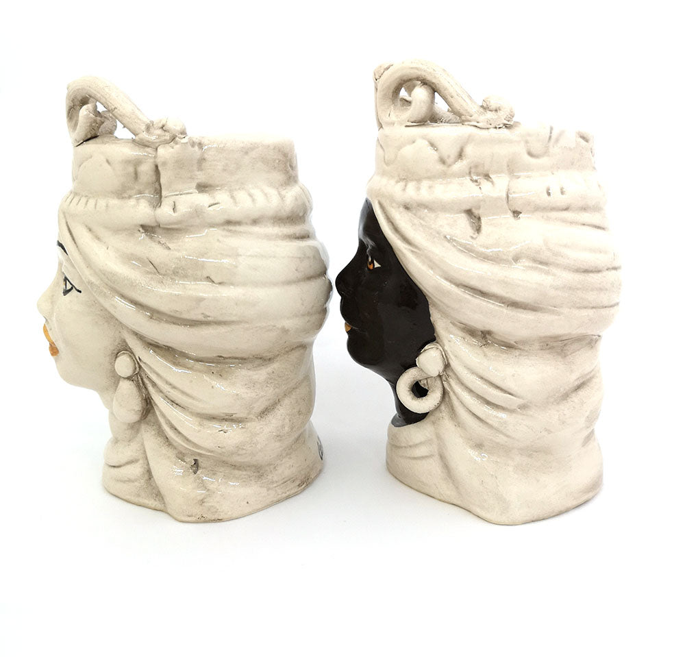 Pair of Sicilian ceramic Moor's heads from Caltagirone h15cm art. fumè 