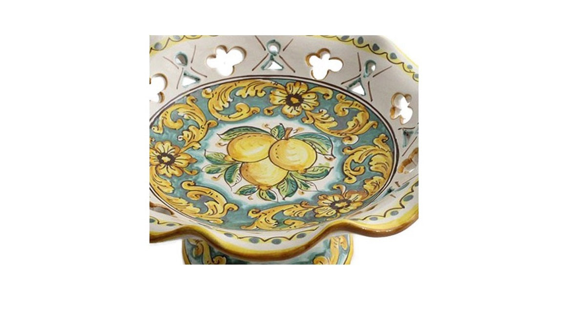Centrotavola alzata media in ceramica decorata a mano da ceramisti siciliani limoni art 4