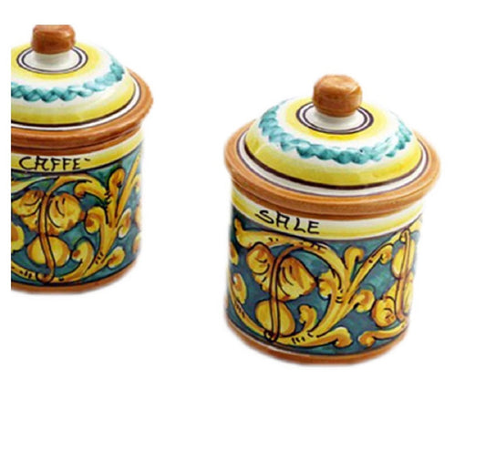 Tris 3 barattoli sale zucchero e caffè in ceramica decorata a mano da ceramisti siciliani gianluca art 8