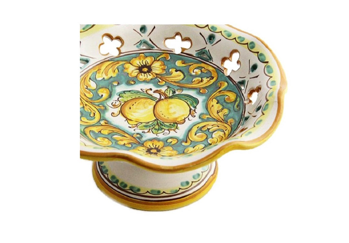 Centrotavola alzata piccola in ceramica decorata a mano da ceramisti siciliani limoni art 5