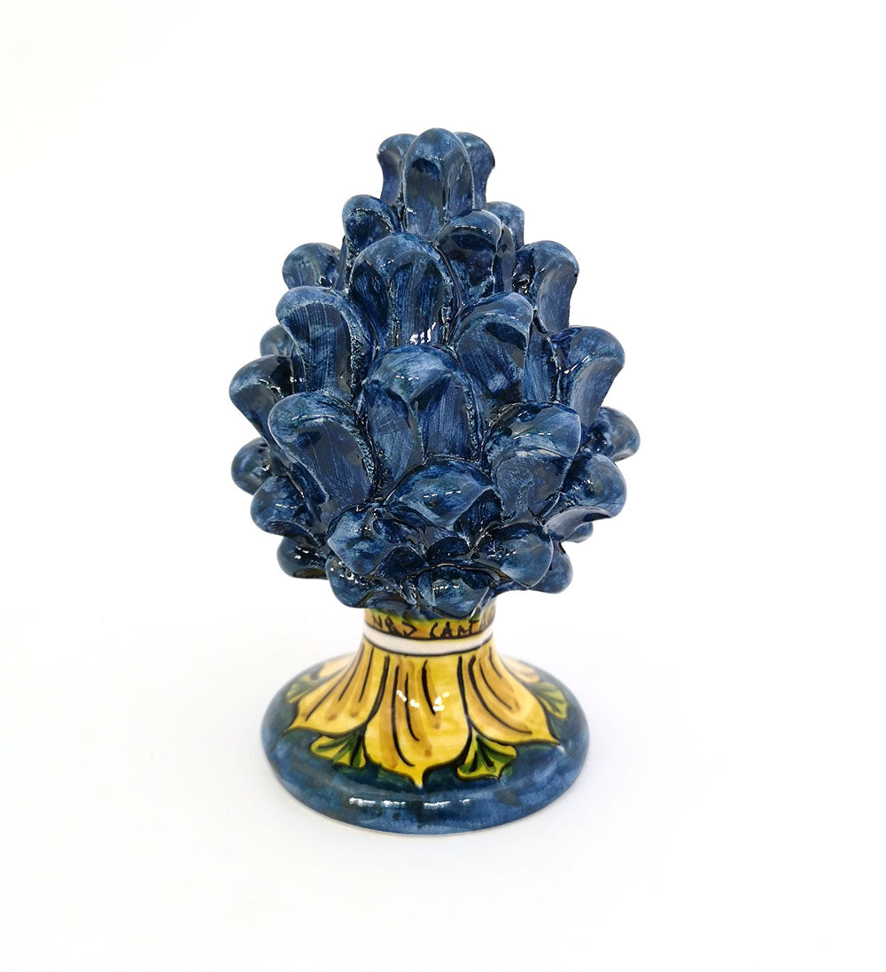 Sicilian ceramic pine cone from Caltagirone hand decorated blue h15cm