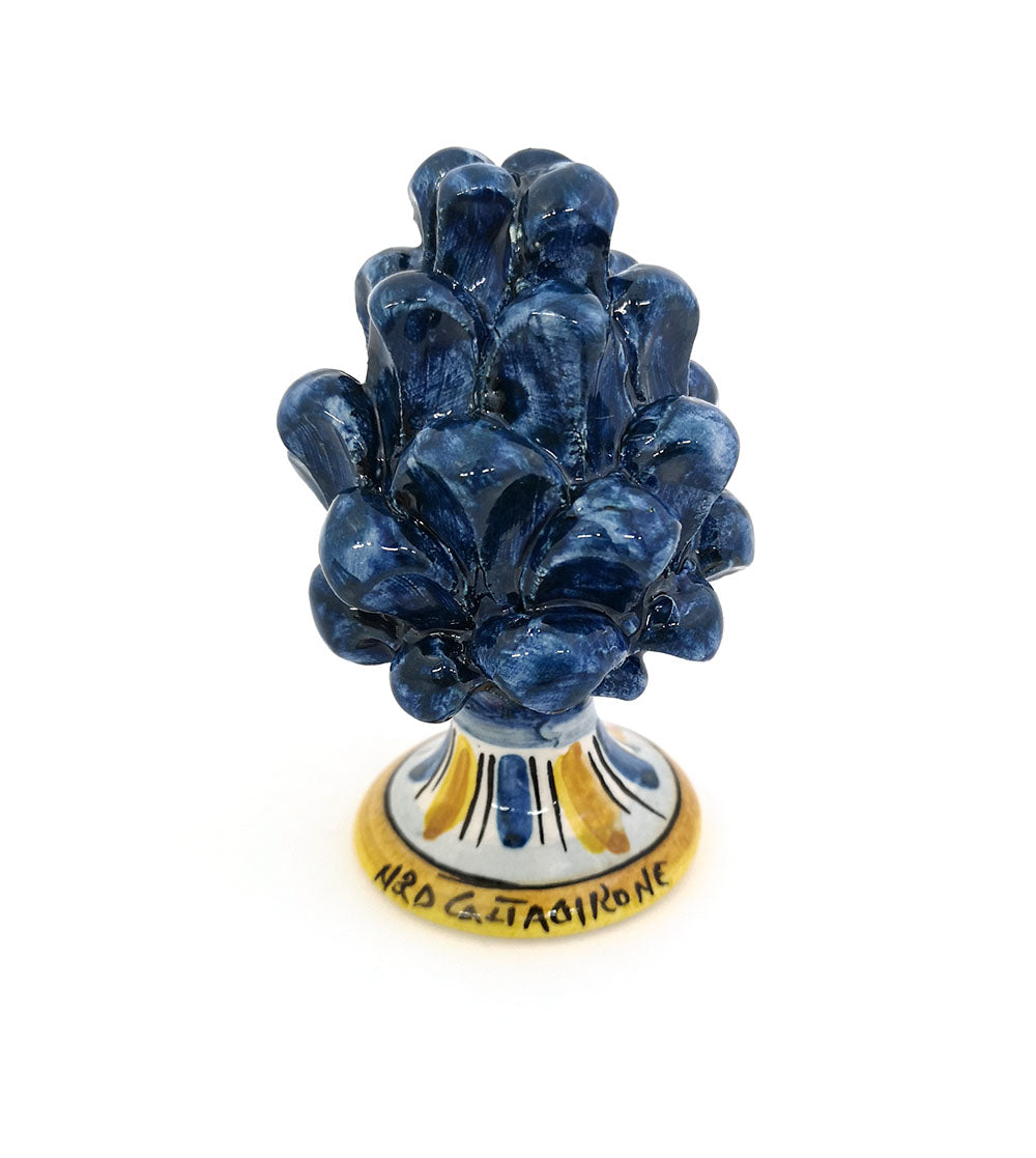 Sicilian ceramic pine cone from Caltagirone hand decorated blue h10cm