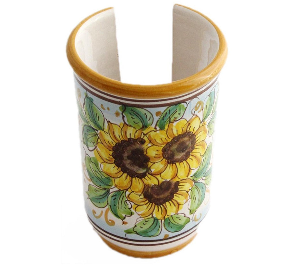 Small ceramic cup holder hand decorated by Sicilian ceramists sunflower art 18
