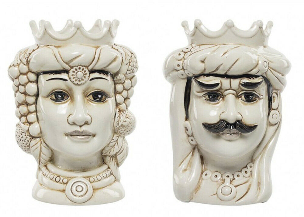 Pair of Sicilian ceramic Moor's heads, modern smoked harmony, h30cm