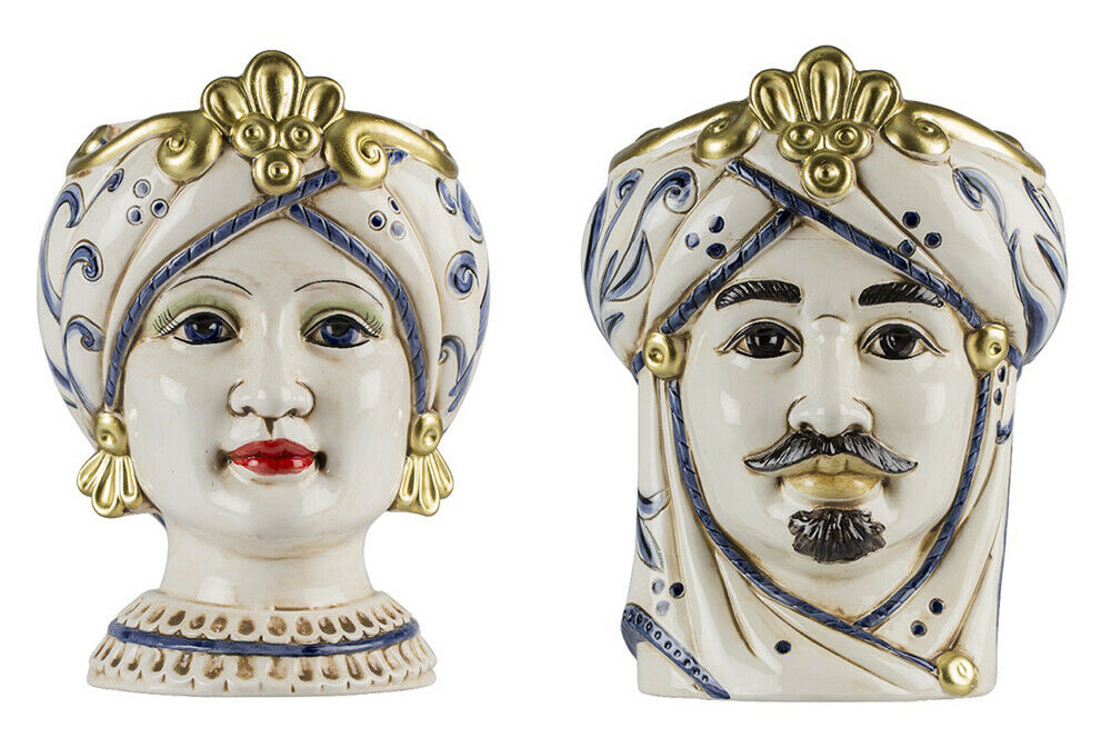Coppia teste di moro in ceramica siciliana harmony blu e oro moderno h30cm