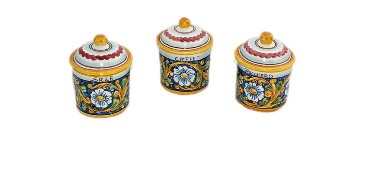 Tris 3 barattoli sale zucchero e caffè in ceramica decorata a mano da ceramisti siciliani barocco art 8