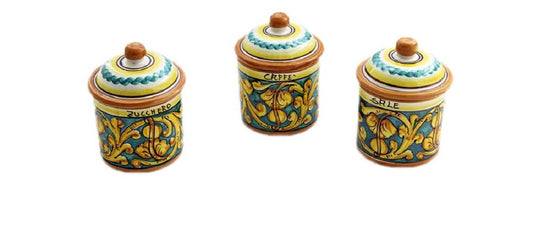 Tris 3 barattoli sale zucchero e caffè in ceramica decorata a mano da ceramisti siciliani gianluca art 8