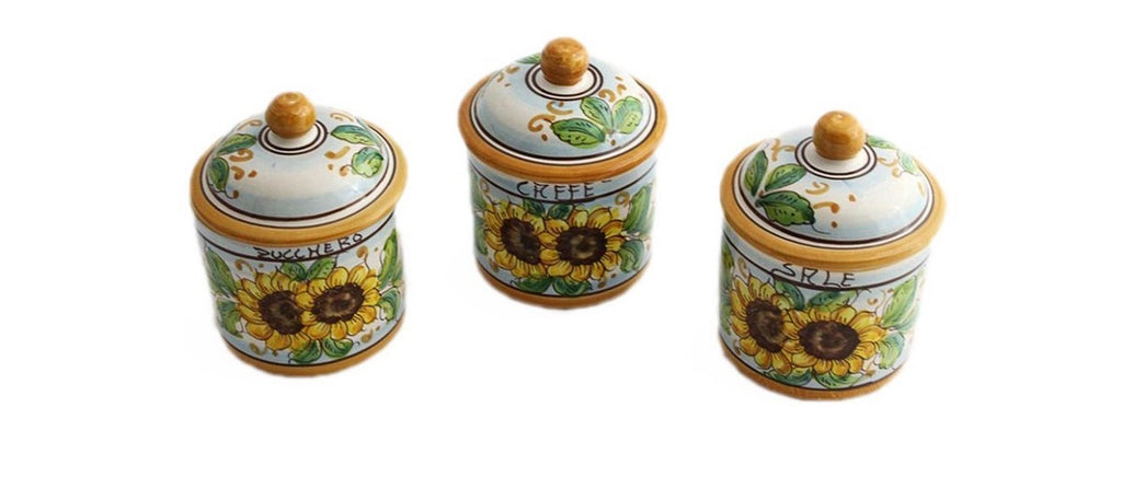 Set of 3 jars of salt, sugar and coffee in ceramic hand-decorated by Sicilian ceramists, sunflower art 8