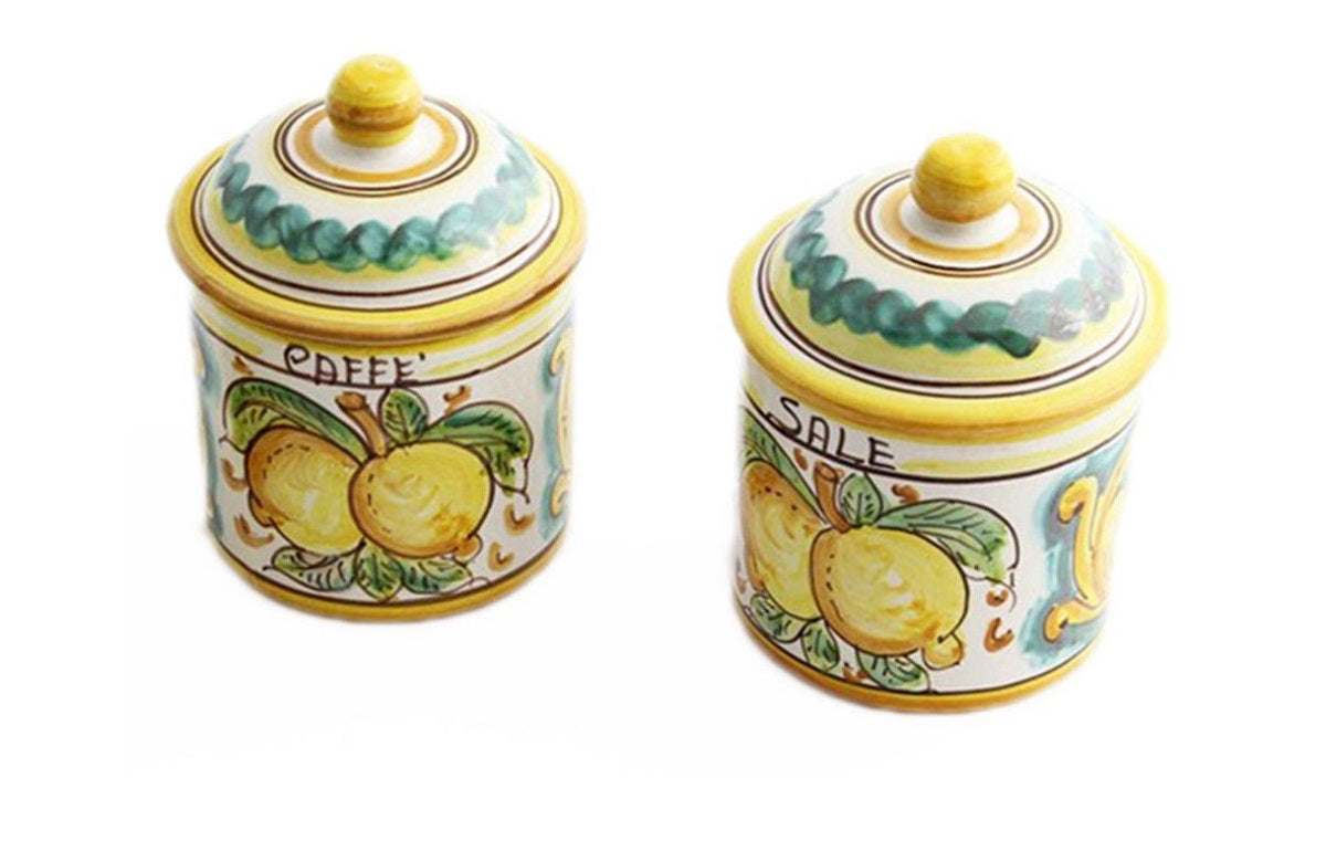 Tris 3 barattoli sale zucchero e caffè in ceramica decorata a mano da ceramisti siciliani limoni art 8