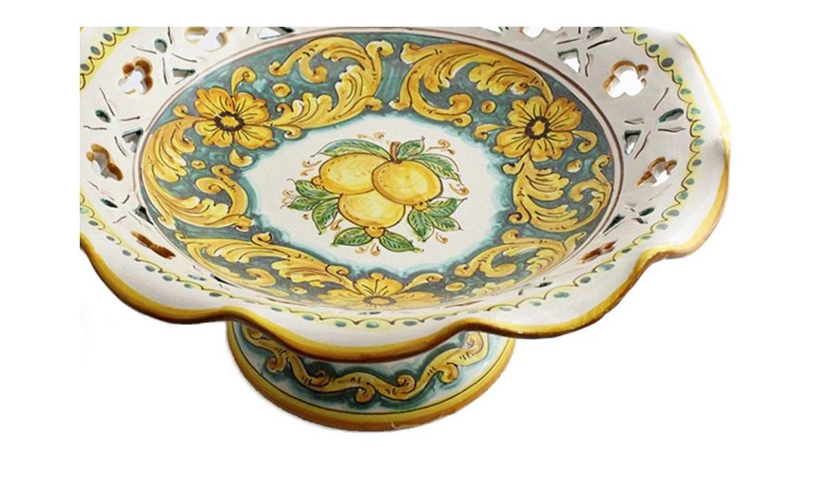 Centrotavola alzata grande in ceramica decorata a mano da ceramisti siciliani limoni art 3